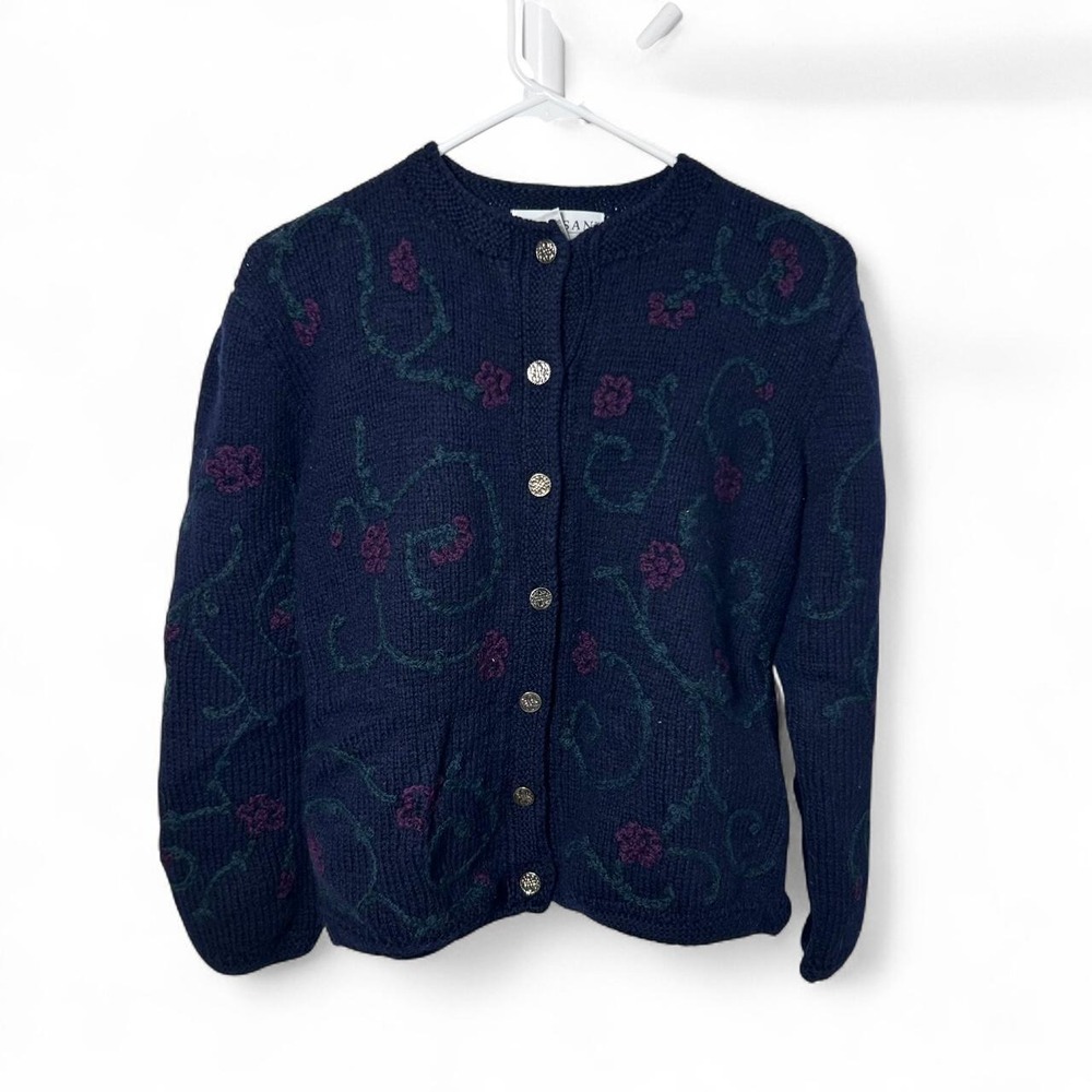 Vintage Artisan Wear Hand Knot Sweater cardigan wool floral. Navy.